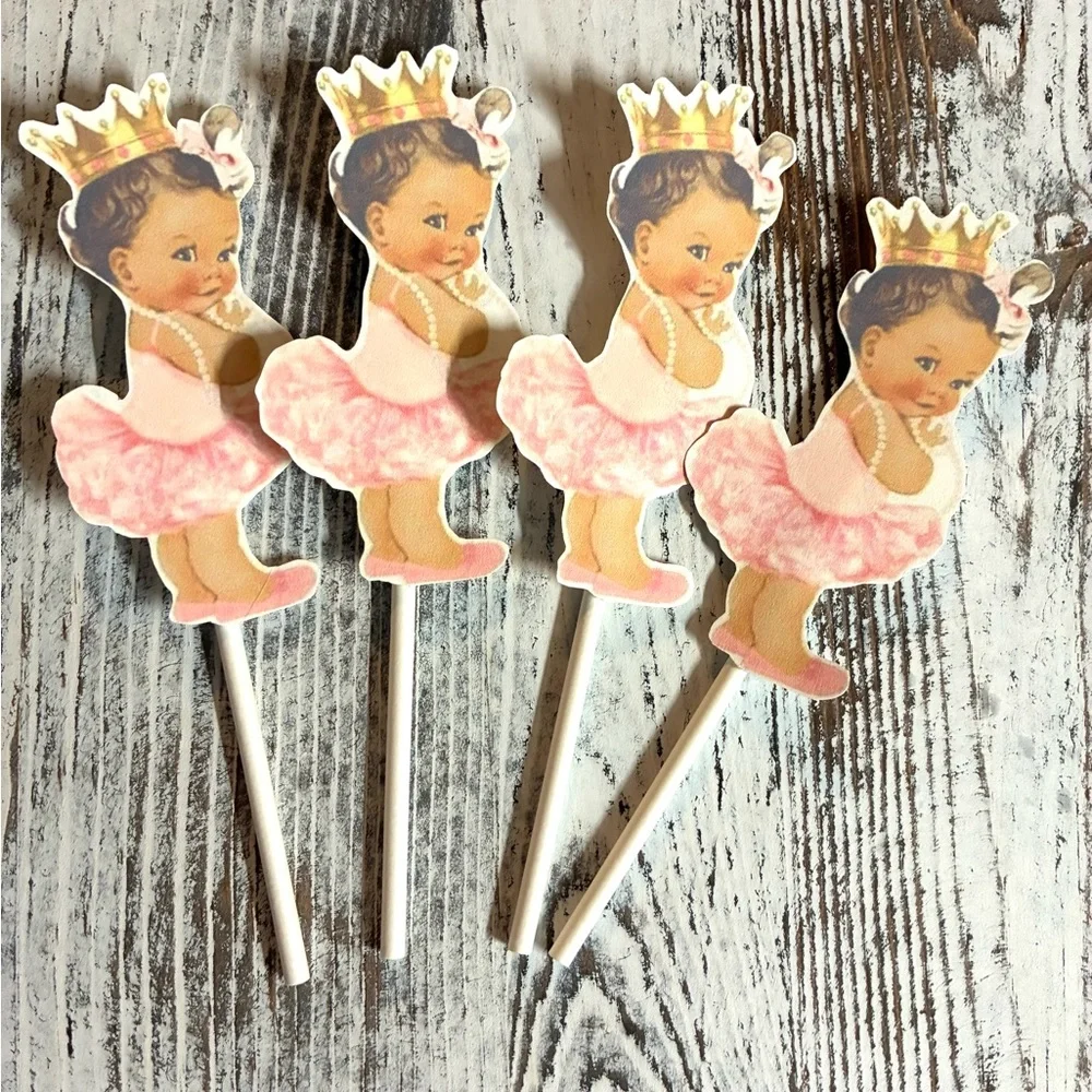 Vintage Baby Girl Cupcake Toppers Shabby Chic Pink Tutu Baby Toppers 12pcs